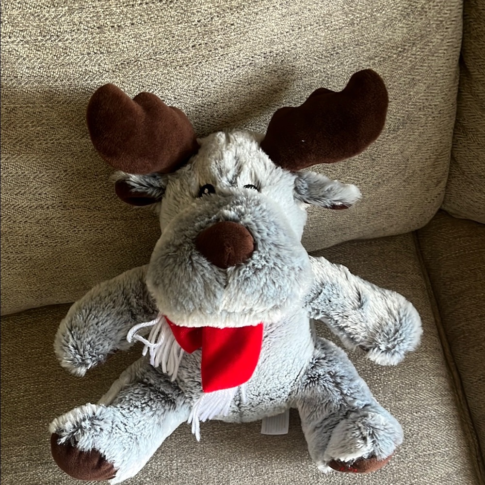 Adorable Gray Plush Christmas Moose with Red Scarf